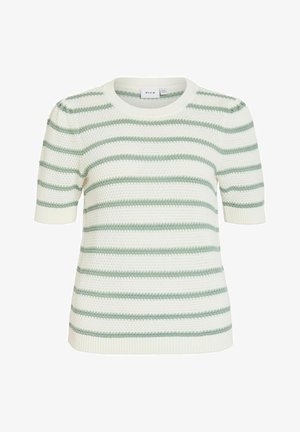 Pull en maille blanc à manches courtes avec des rayures horizontales vert clair et col, poignets et bas en côtes, étiqueté "VILA."