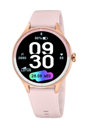 Pametni sat s ružičastim remenom, kućištem u boji ružičastog zlata, prikazuje vrijeme 09:30, bateriju 90%, broj otkucaja srca 88, korake 2680 i datum srijeda 28.08.