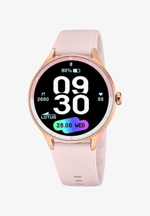 Montre intelligente avec bracelet rose, cadre en or rose, affichant l'heure 09:30, batterie à 90 %, fréquence cardiaque 88, pas 2680, et date mercredi 28.08.