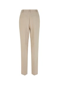 Beige broek met een rechte snit, voorzien van twee achterzakken, strakke lijnen en een gladde textuur. Geen zichtbare hardware of patronen.