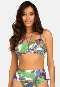 Wielokolorowy zestaw bikini z kwiatowym wzorem paisley, niebieskimi ramiączkami oraz wysokim stanem. Wykonany z gładkiego, elastycznego materiału.