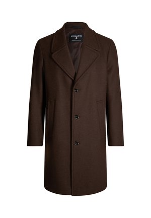 Brauner Wollmantel mit Reverskragen, vier Knöpfen und zwei Seitentaschen. Das Design ist knielang und hat eine klassische Silhouette.