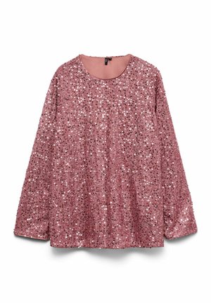 Langere roze top met lange mouwen, bedekt met glanzende pailletten, met een ronde halslijn en een losse pasvorm, plat uitgespreid op een witte achtergrond.