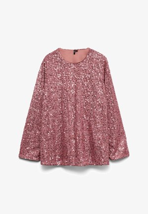 Roosa pikkade varrukatega pluus, kaetud läikivate litritega, ümmarguse kaelusega ja lahtise lõikega, laotatud valgele taustale.