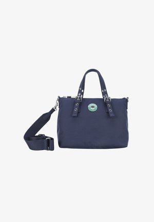 Marineblauwe nylon handtas met dubbele handvatten, afneembare schouderband, zilveren hardware en een ronde groene logo-detail op de voorkant.