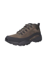 Bruine wandelschoenen met een gestructureerde bovenkant, een zwarte rubberen neuskap, een gevoerde kraag en metallic veterhaakjes voor een stevige pasvorm en ondersteuning.