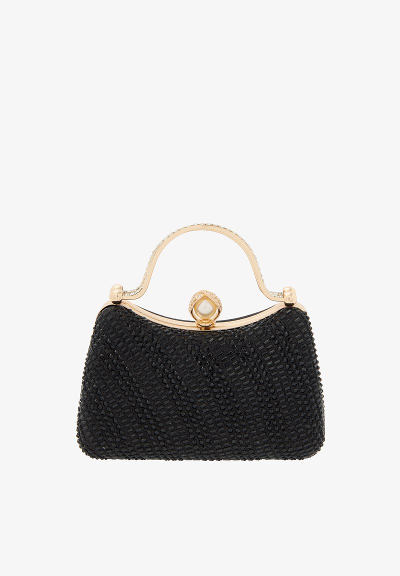 Schwarze Perlenhandtasche mit einem geschwungenen goldenen Griff und einem mit Perlen verzierten Verschluss. Sie verfügt über eine strukturierte Silhouette und eine texturierte, gemusterte Oberfläche.