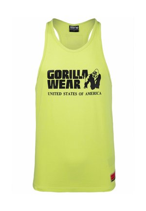 Neon rumena majica na bretele iz lahkega materiala, z črnim logotipom, ki prikazuje gorilo in napis "Gorilla Wear United States of America".