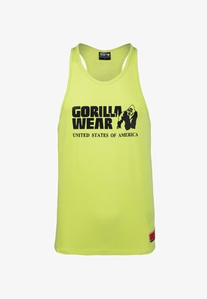 Top sin mangas de color amarillo neón, hecho de una tela ligera, con un logo negro que muestra un gorila y el texto "Gorilla Wear Estados Unidos de América".