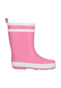 Botte de pluie en caoutchouc rose avec bordure blanche, languette de traction à l'arrière et semelle texturée pour l'adhérence.