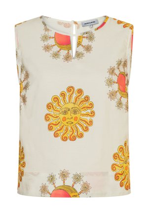 Ärmellose cremefarbene Bluse mit Schlüssellochausschnitt und gelben, orangefarbenen Sonnen- und Blumenmustern überall.