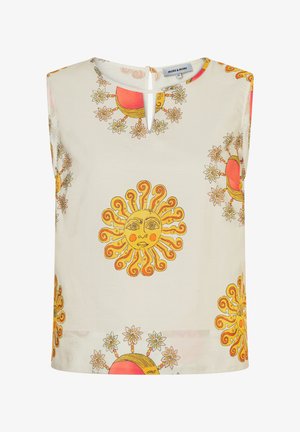 Ärmellose cremefarbene Bluse mit Schlüssellochausschnitt und gelben, orangefarbenen Sonnen- und Blumenmustern überall.