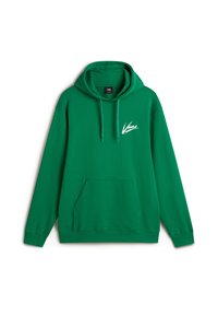Felpa verde in cotone con tasca frontale, cappuccio con cordino e logo bianco Vans stampato sulla parte sinistra del petto.