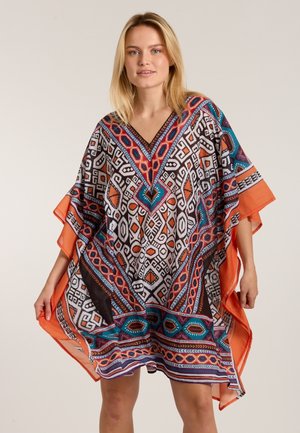 Multicolor kaftan with geometric patterns, featuring a V-neck, orange trim, and flowing sleeves. Made of lightweight fabric for comfort.