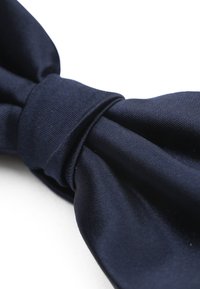 Marineblauwe zijden vlinderdas met een gladde textuur en gestructureerde knoopdetails, met een effen kleur zonder patronen of versieringen.