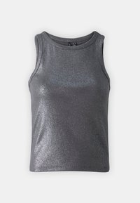 Ärmlös mörkgrå metallisk ribbad tank-topp med rund halsringning, visad framifrån mot en vit bakgrund.
