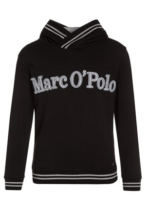 Schwarzer Hoodie mit V-Ausschnitt, verziert mit einem grau bestickten "Marc O'Polo"-Logo und gestreiften Akzenten an Kapuze, Bündchen und Saum.