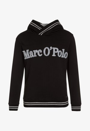 Sudadera negra con diseño de cuello en V, con logo "Marc O'Polo" bordado en gris y detalles a rayas en la capucha, puños y dobladillo.