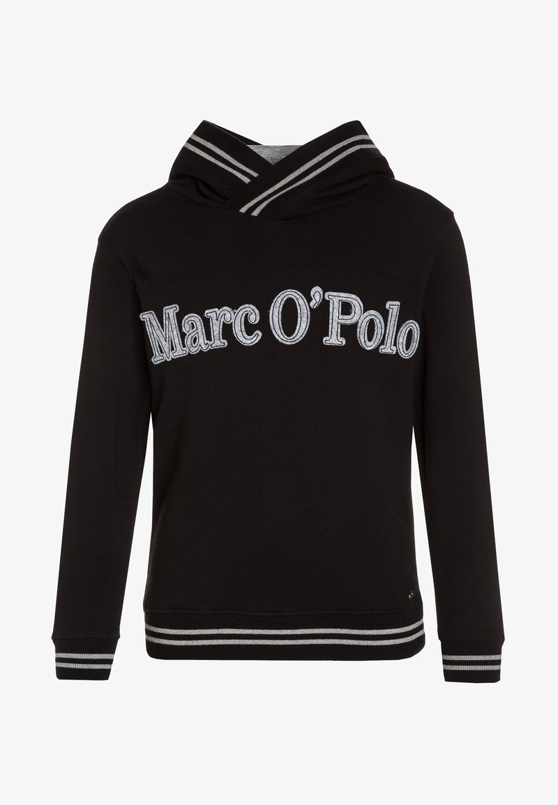 Sudadera negra con diseño de cuello en V, con logo "Marc O'Polo" bordado en gris y detalles a rayas en la capucha, puños y dobladillo.
