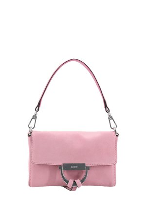 Pink leather handbag with a sleek design, featuring a metal accent clasp and a short strap. Smooth texture with a fold-over flap.