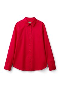 Camicia rossa con bottoni, colletto, maniche lunghe, texture liscia e senza fantasie, dotata di bottoni frontali e design classico.
