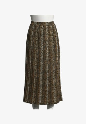 Falda midi plisada marrón y negra con estampado de leopardo sobre un torso de maniquí blanco contra un fondo blanco.