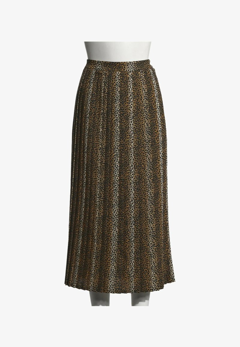 Jupe midi plissée marron et noire avec motif léopard sur un buste de mannequin blanc sur fond blanc.