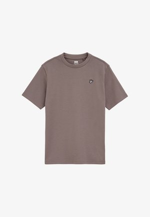 Short-sleeve t-shirt in taupe cotton with a crew neck and a small embroidered graphic on the left chest. Smooth texture and regular fit.