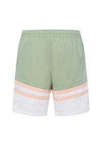 Bañador verde claro con cinturilla elástica, con rayas horizontales en suave rosa y blanco cerca del dobladillo. Tejido suave y ligero.