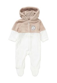 Body in pile per bambini con cappuccio, metà superiore beige, metà inferiore bianca, zip frontale e un piccolo logo a forma di orsetto sul petto.