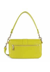 Sac en cuir vert vif avec une poche zippée, texture lisse et une bandoulière amovible avec des accents en métal.