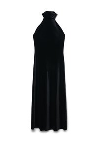 Schwarzes Samt-Maxikleid ohne Ärmel mit hohem Kragen und figurbetontem Oberteil, das in einen schlichten, bodenlangen Rock übergeht.