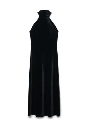 Schwarzes Samt-Maxikleid ohne Ärmel mit hohem Kragen und figurbetontem Oberteil, das in einen schlichten, bodenlangen Rock übergeht.