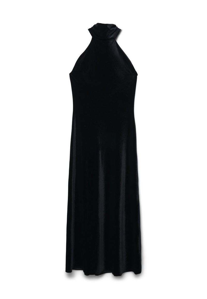 Schwarzes Samt-Maxikleid ohne Ärmel mit hohem Kragen und figurbetontem Oberteil, das in einen schlichten, bodenlangen Rock übergeht.