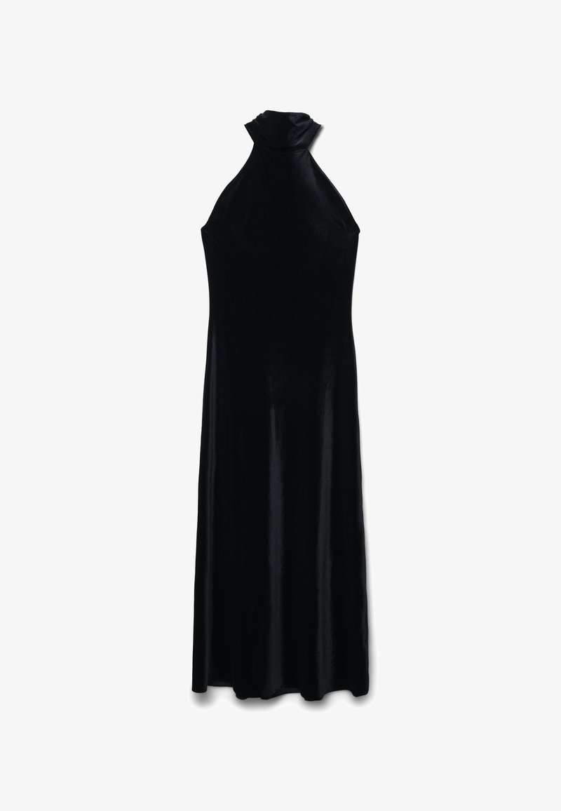 Schwarzes Samt-Maxikleid ohne Ärmel mit hohem Kragen und figurbetontem Oberteil, das in einen schlichten, bodenlangen Rock übergeht.