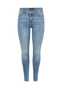 Skinny jeans in lichtblauwe denim met een middelhoge taille. Voorzien van vijf zakken en subtiele vervaging overal, met zichtbare stikselaccenten.