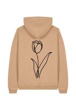 Felpa beige con cappuccio, decorata da un disegno di un fiore tulipano a linea nera sul retro, con maniche lunghe e polsini e fondo a costine.