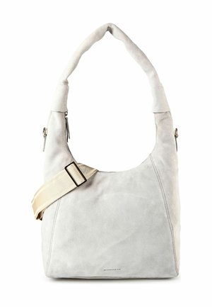 Weiche hellgraue Wildleder-Umhängetasche mit gepolstertem Griff, verstellbarem beigem Riemen und vorderer Reißverschlusstasche.