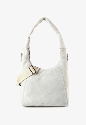 Weiche hellgraue Wildleder-Umhängetasche mit gepolstertem Griff, verstellbarem beigem Riemen und vorderer Reißverschlusstasche.