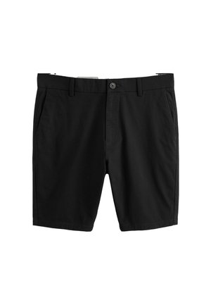 Mustad kohandatud lühikesed püksid vöökõrtega, ees nööbi ja luku kinnitusega ning küljetaskutega, valgel taustal.