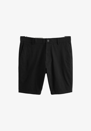 Mustad kohandatud lühikesed püksid vöökõrtega, ees nööbi ja luku kinnitusega ning küljetaskutega, valgel taustal.