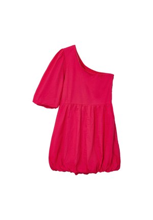One-shoulder pink blouse made of soft fabric, featuring short puffed sleeves and a gathered, elasticized hem for a loose fit.