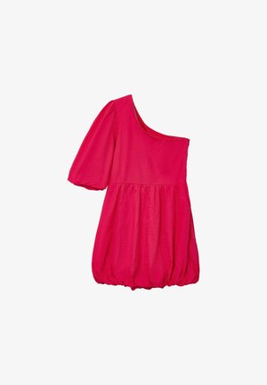 One-shoulder pink blouse made of soft fabric, featuring short puffed sleeves and a gathered, elasticized hem for a loose fit.