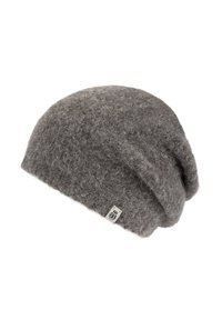 Gray wool beanie with a soft, textured surface. Slouchy design with raw edges and a small branded tag on the side.