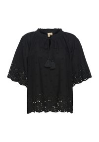 Juoda bluzelė su išsiuvinėtais gėlių raštais ir banguotu apvadu. Apima kaklo ryšį su dviem kutais. Plačios trumpomis rankovėmis.