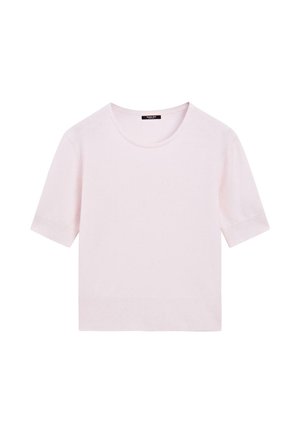 Maglietta a maniche corte in maglia rosa chiaro con scollo rotondo e orli e polsini a costine, presentata su uno sfondo bianco.