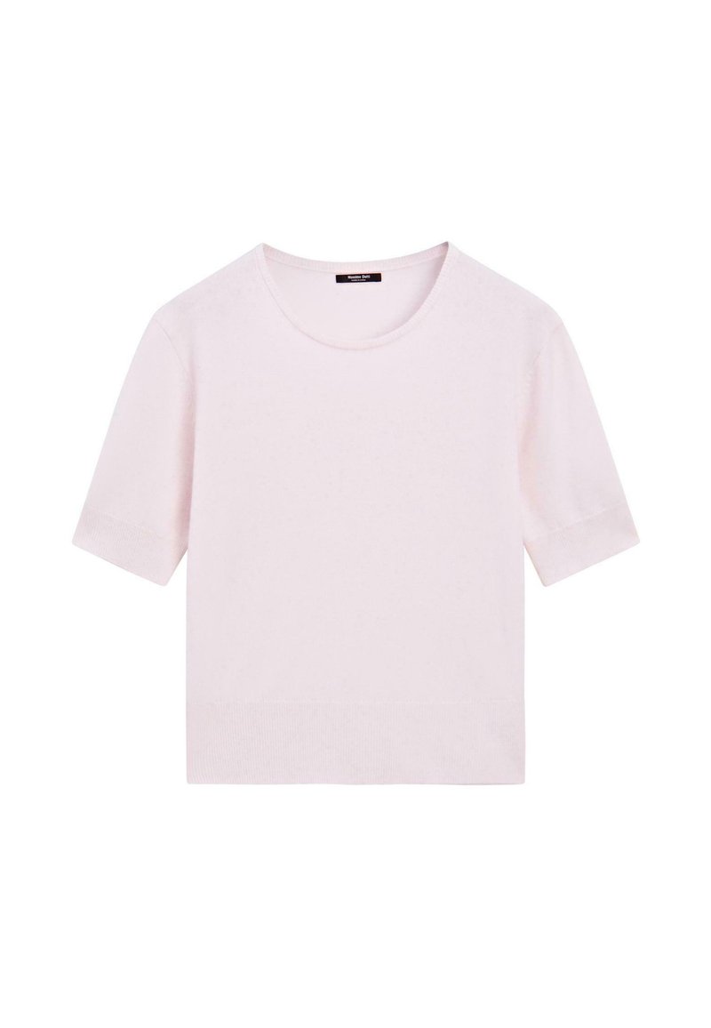Maglietta a maniche corte in maglia rosa chiaro con scollo rotondo e orli e polsini a costine, presentata su uno sfondo bianco.
