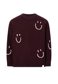 Donker kastanjebruine gebreide trui met meerdere witte glimlachende gezichten verspreid over de voorkant en mouwen, met ribgebreide manchetten en zoom.