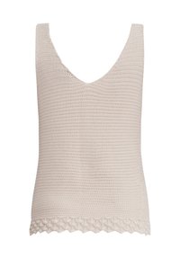 Beige gehaakte tanktop met een diepe V-achterkant en een gestructureerde scalloped zoom. Gemaakt van ademende stof met een gladde, gebreide afwerking.