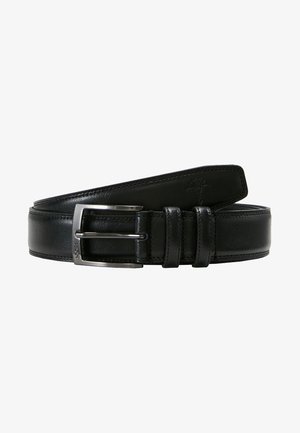 Black leather belt with a smooth finish, featuring a silver metal buckle and three adjustable prongs, designed with minimalistic accents.